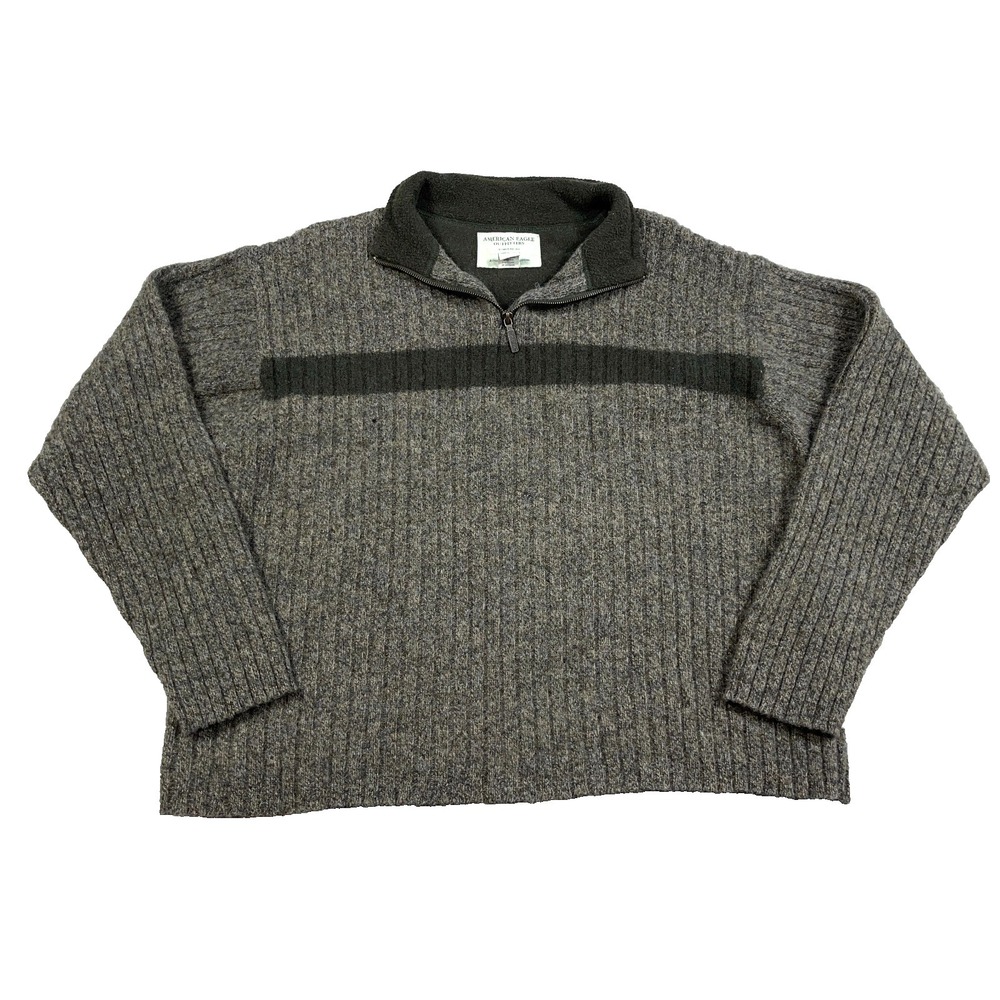 Vintage American Eagle Sweater Men XL Green Wool Knit Pullover 1/4 Zip *HOLES